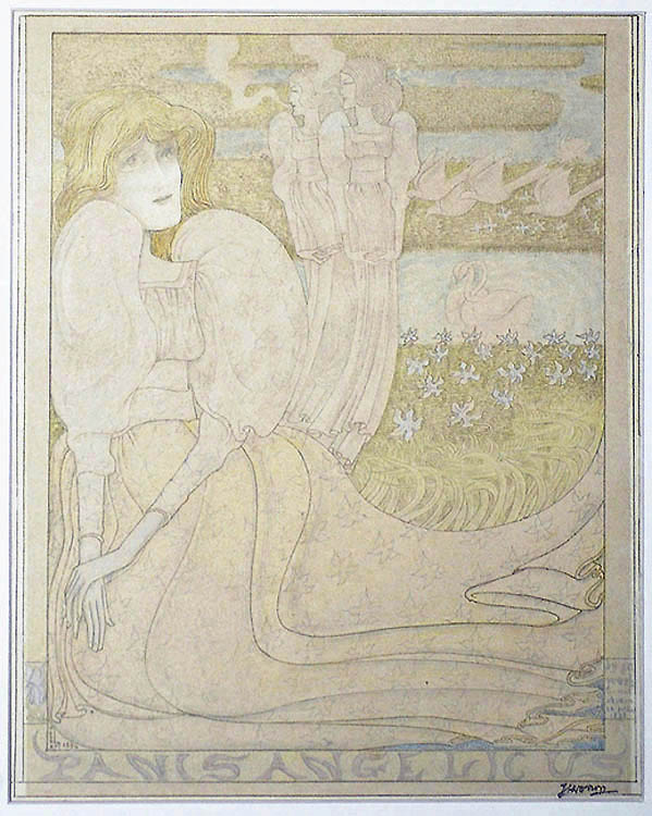 Panis Angelicus - JAN TOOROP - lithograph printed in olive green with added pencil work, watercolor and white gouache,  all by the artist