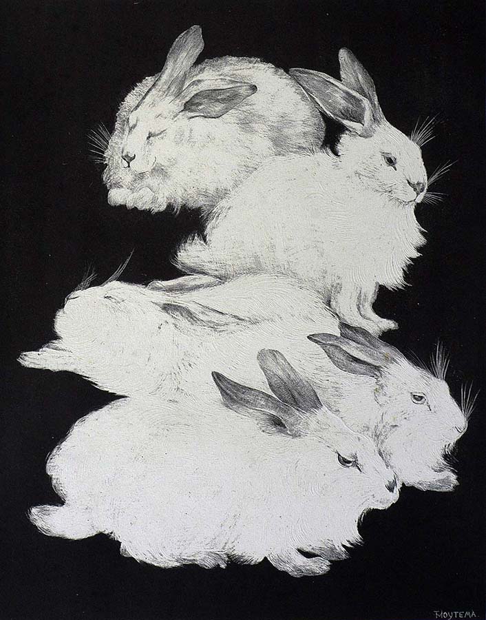 Five Angora Rabbits - THEO VAN HOYTEMA - lithograph with embossing printed on chine appliqué
