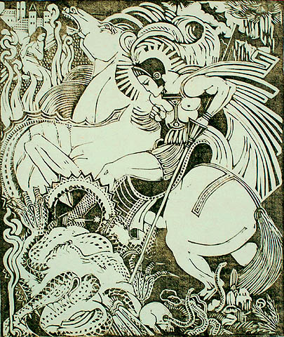 The Dragon Slayer - HENRI VAN DER STOK - woodcut