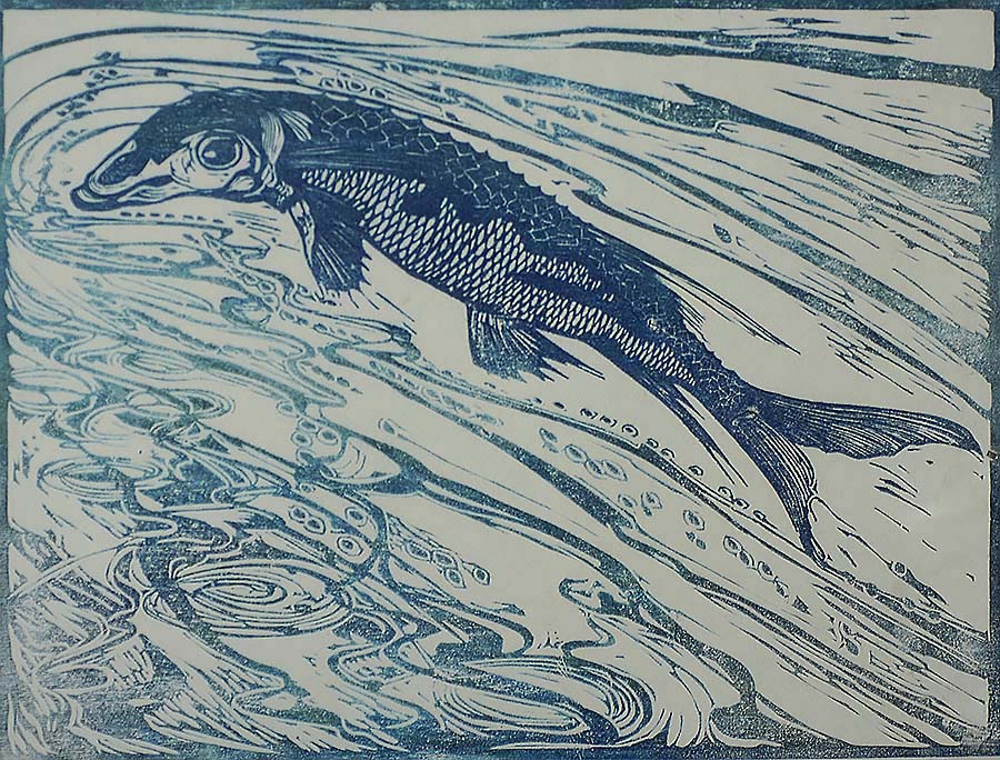 Pike or Sturgeon - JACOBUS G. VELDHEER - woodcut printed in blue