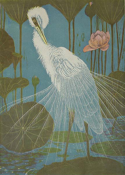Silver Heron with Lotus (Zilverreiger met Lotus) - HENRI VERSTIJNEN - woodcut printed in colors