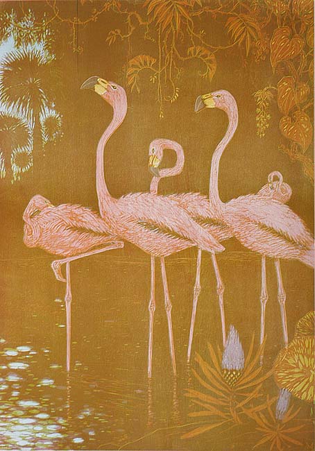 Flamingos - HENRI VERSTIJNEN - woodcut printed in colors