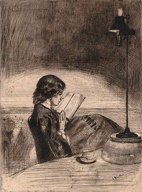 Reading by Lamplight - JAMES A. MCNEILL WHISTLER - etching and drypoint