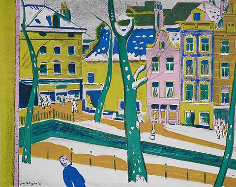Amsterdam Street Scene with Snow - JAN WIEGERS - lithograph printed in colors