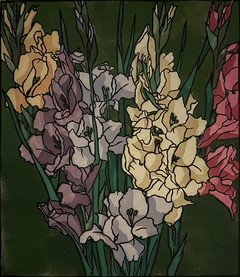 A Bouquest of Gladiolus - GLADYS WILKINS MURPHY - woodcut printed in colors (linoleum cut?)