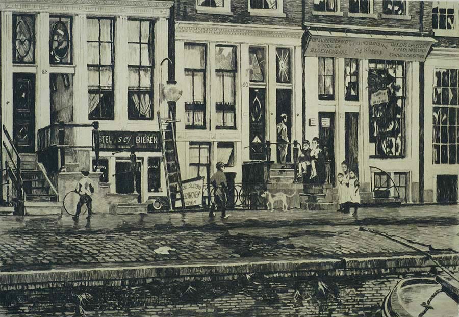 Oude Waal, Amsterdam, with the clothes washing business of the Veltkamp Sisters - WILLEM WITSEN - etching and aquatint