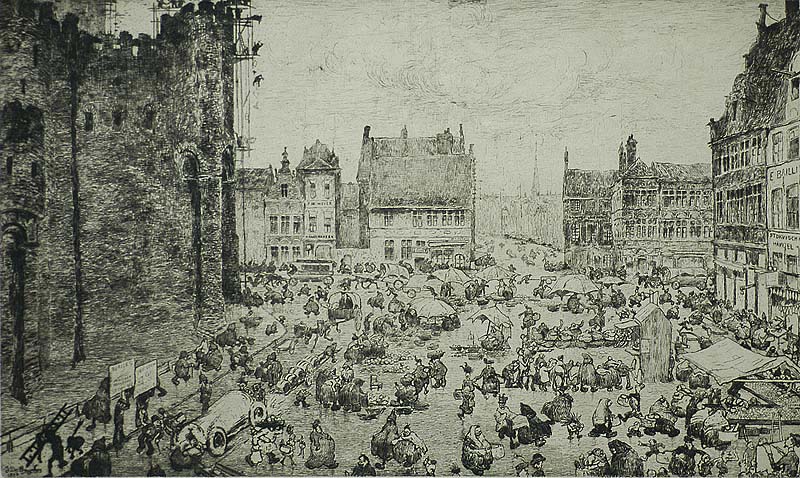 Place Ste. Pharailde, Ghent (Het Veerleplein te Gent) - JULES DE BRUYCKER - etching