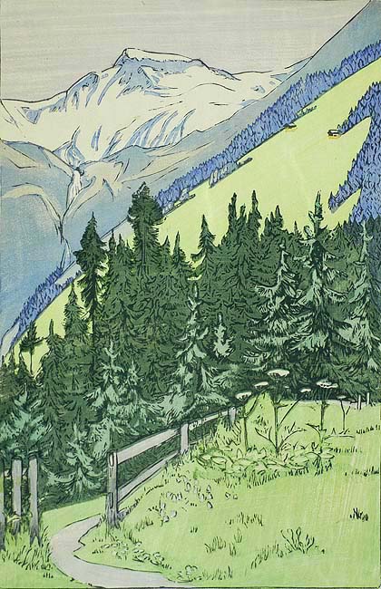In the Swiss Alps - ETHEL KIRKPATRICK - woodcut printed in colors