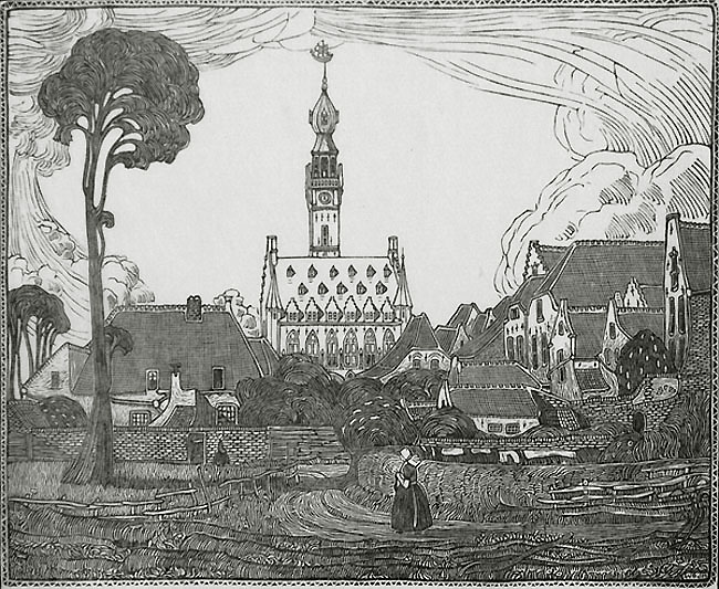 Town Hall in Veere, Holland (Stadhuis te Veere) - WOJ NIEUWENKAMP - wood engraving