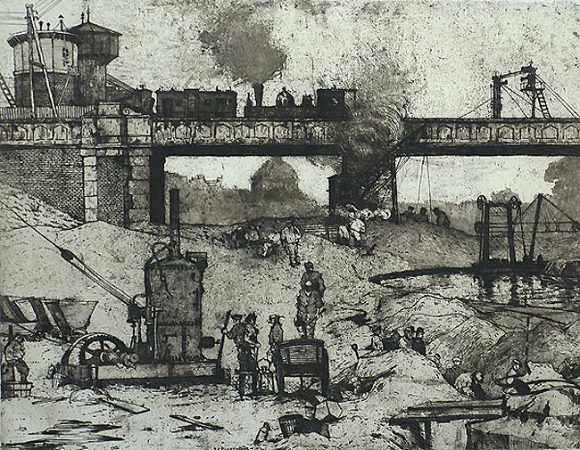 Builders at a Railway Viaduct, Amsterdam - JAN POORTENAAR - etching and aquatint