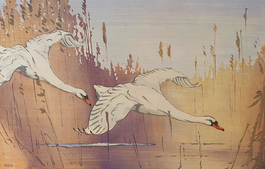 Swans in Flight - ALLEN W. SEABY - woodcut printed in colors