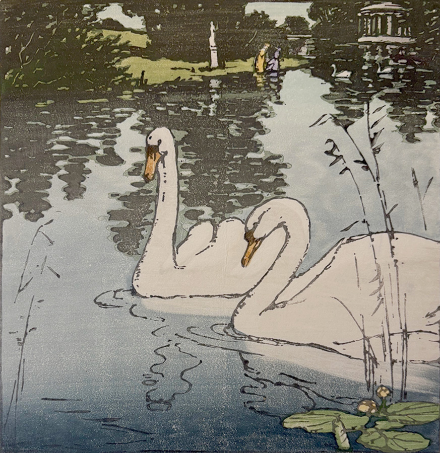 Two Swans - ALLEN W. SEABY - woodcut printed in colors