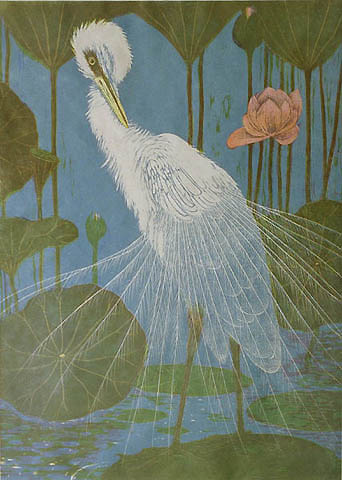 Silver Heron - HENRI VERSTIJNEN - color woodcut